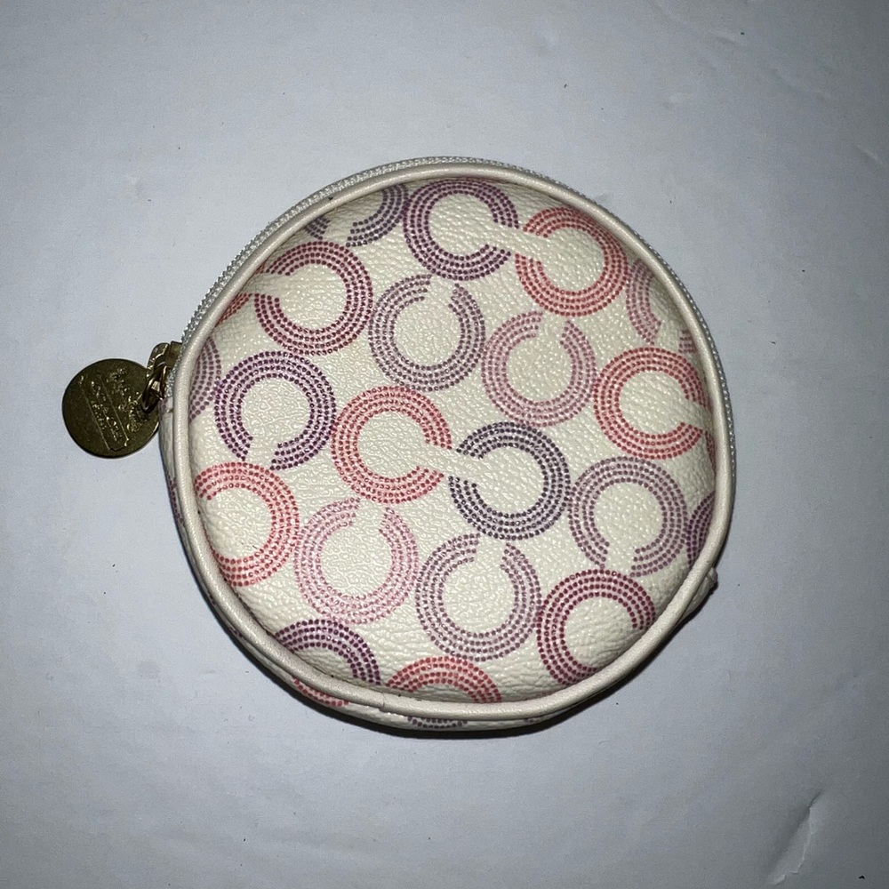 COACH Round Waverly Optic Art Signature Coin Purse Wallet Pink Purple